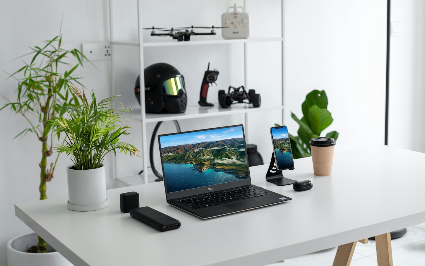Bureau moderne et épuré avec ordinateur portable, plantes et objets de loisirs sur des étagères.