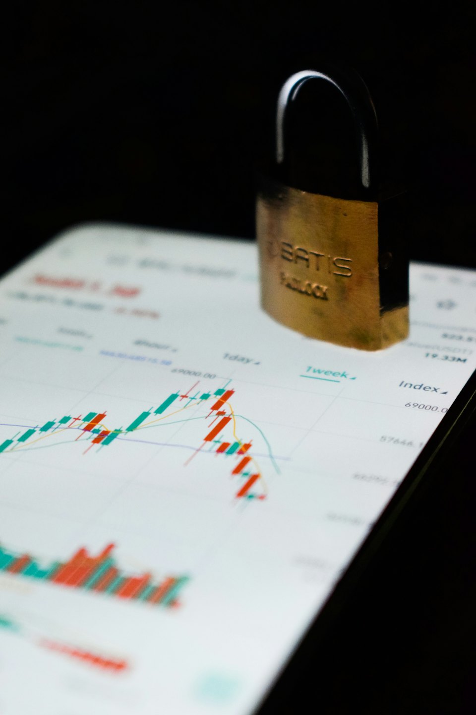 Cadenas en laiton sur un smartphone affichant un graphique financier.